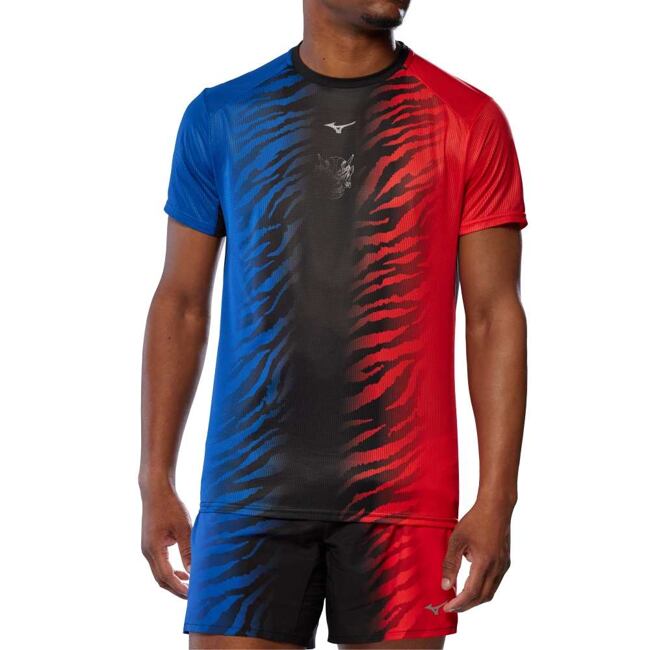 Pánské funkční triko Mizuno DryAeroFlow Graphic Tee – červenomodré (Oni Red/Oni Blue)